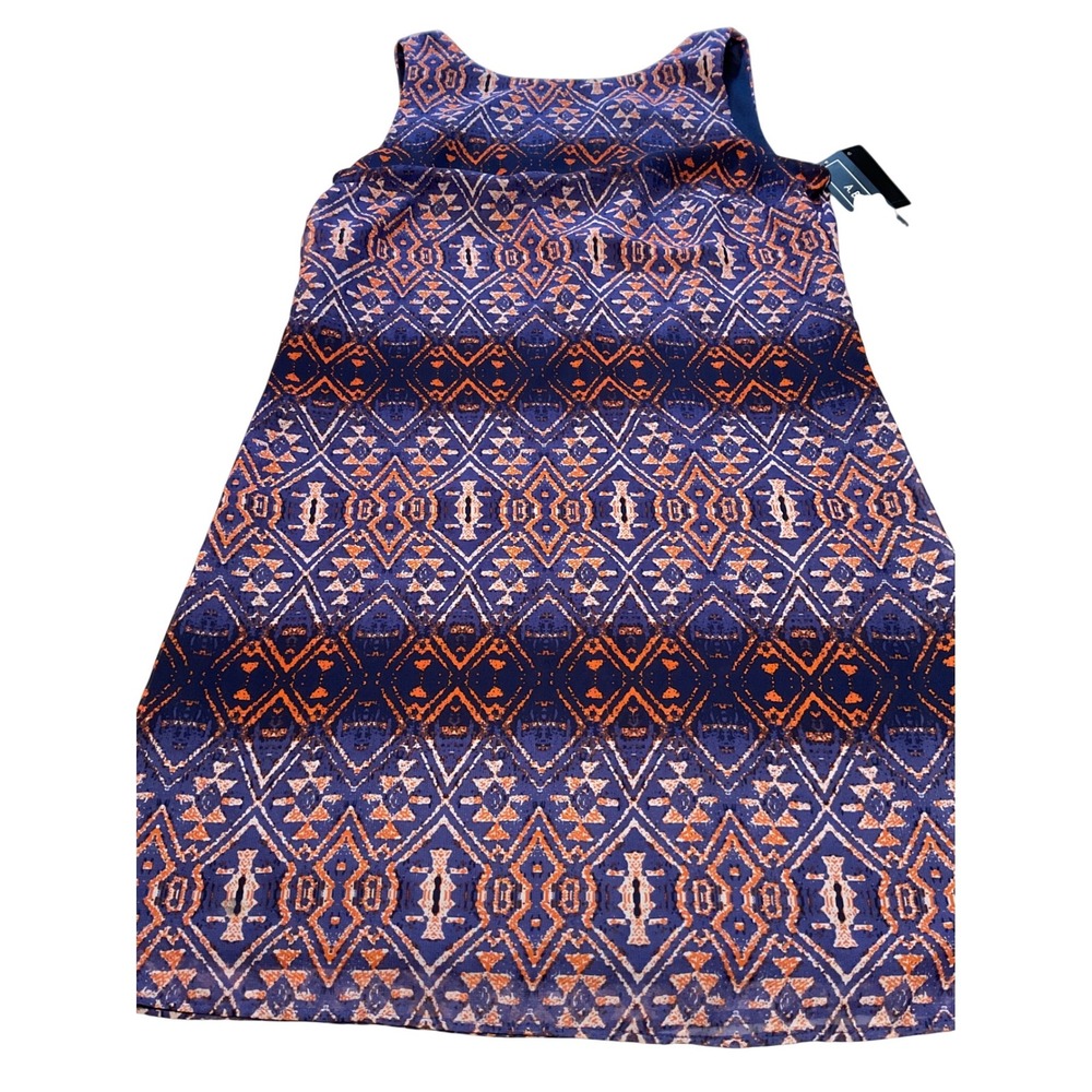 A BYER Women Printed Sheer Navy‎ Orange Geometric Sleeveless Dress Small